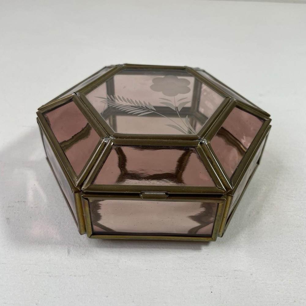 Vintage Purple Glass Jewelry Box Etched Flower Mirrored Brass Base Hexagon